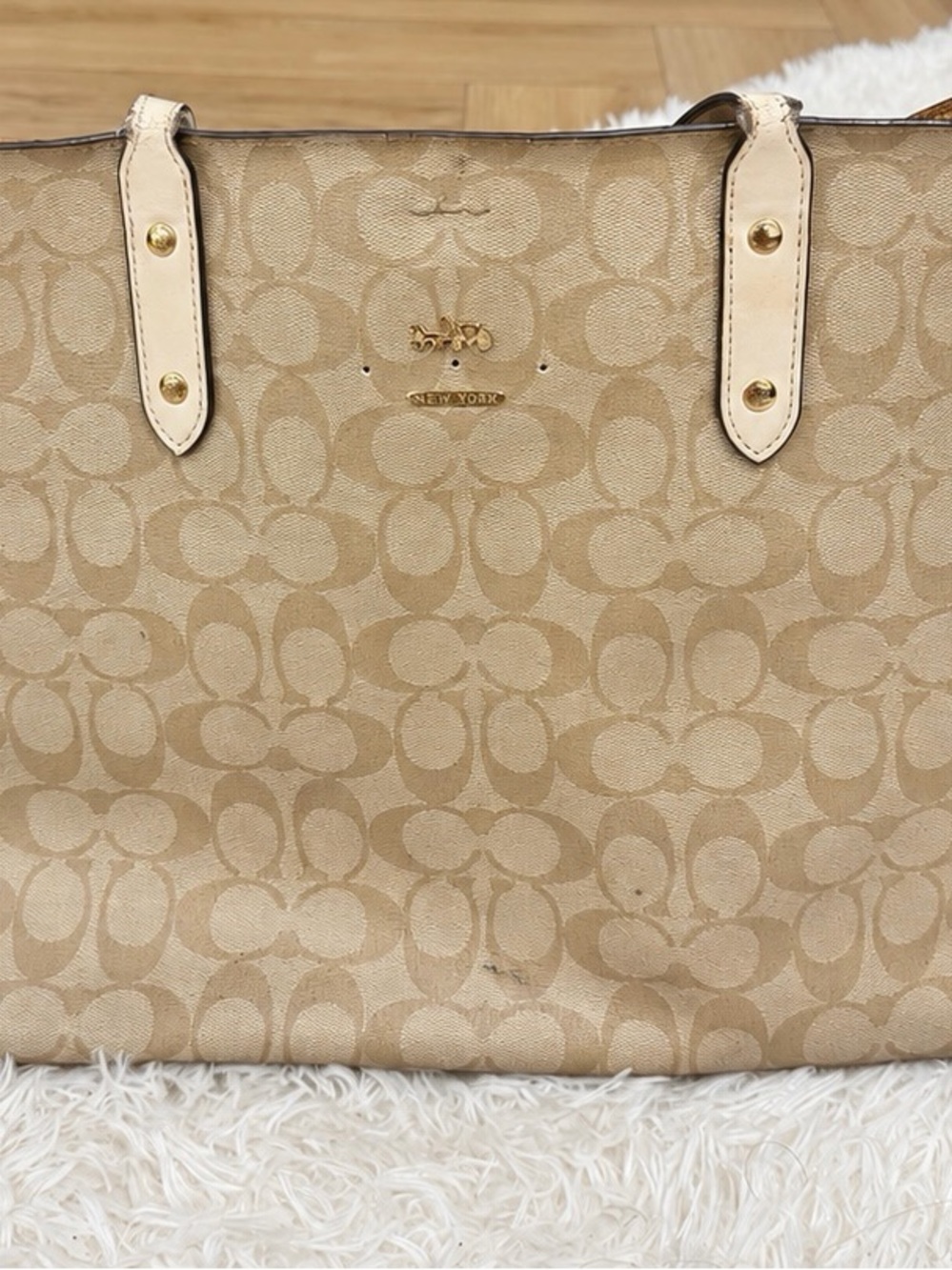 Coach Beige Signature Canvas Tote with Cream Leather Straps